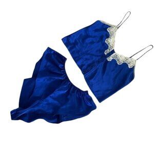 Victoria's Secret Gold Label Satin Silky Blue Vintage set Cami Tap Short M Med